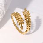 Aurelia Leaf Adjustable Gold Ring on a light background