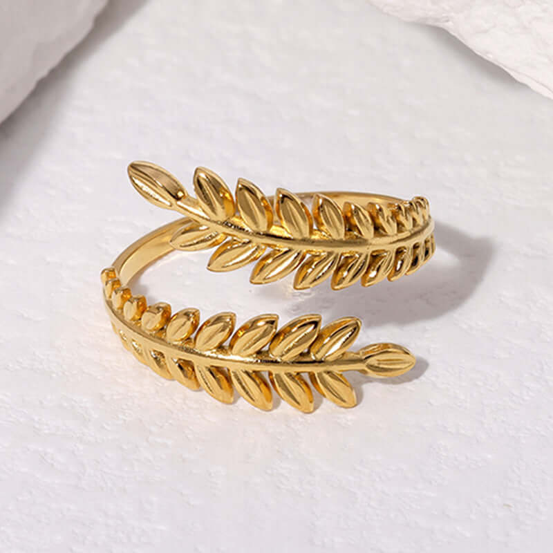 Aurelia Leaf Adjustable Gold Ring on a white background