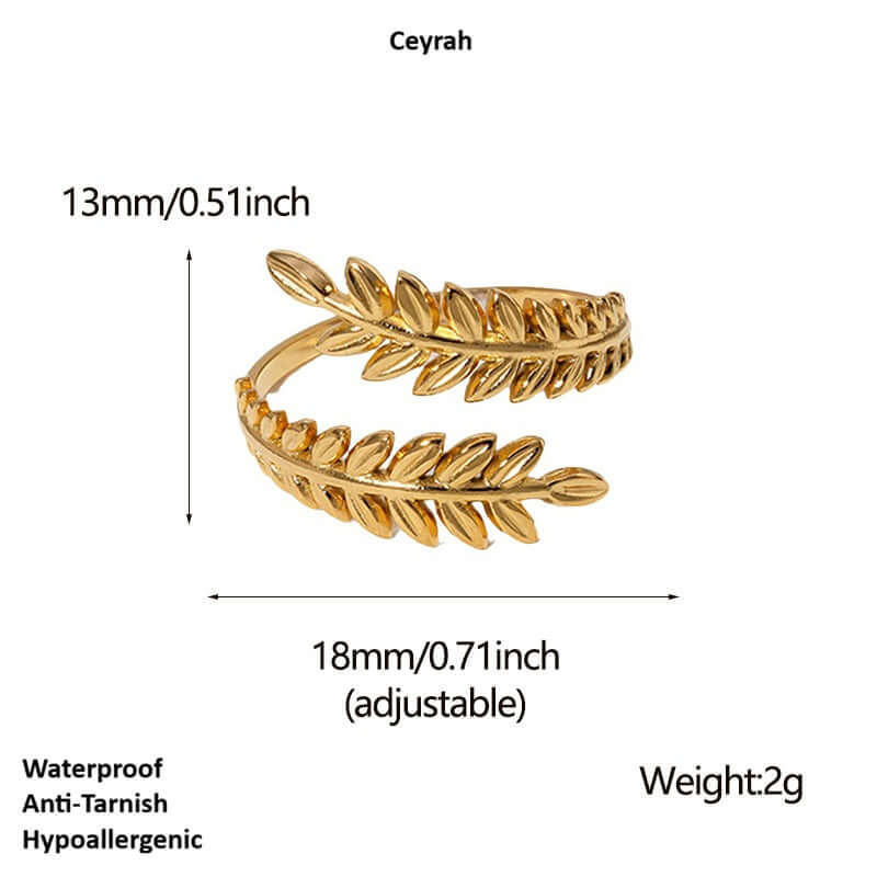 Aurelia Leaf Adjustable Gold Ring with measurements