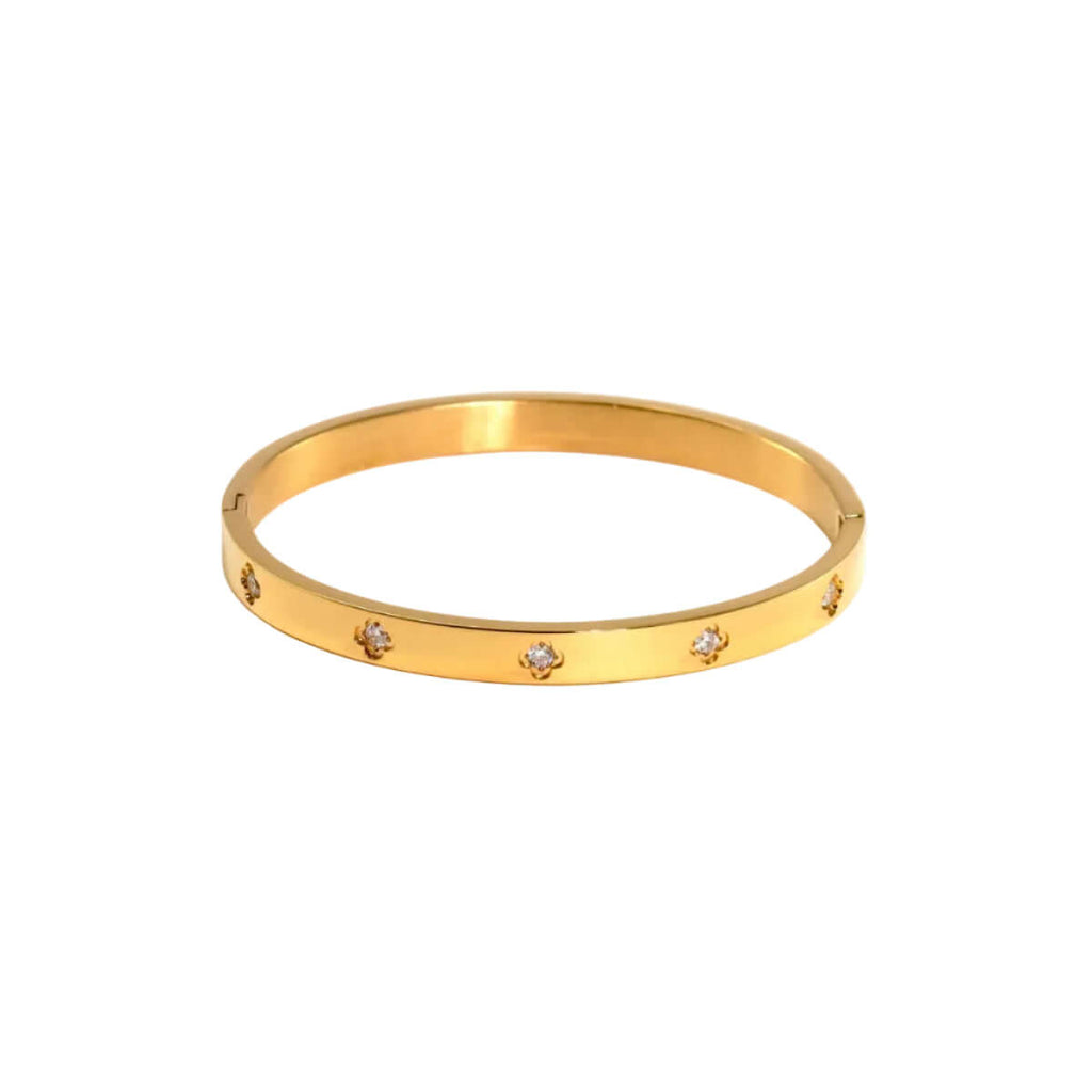 Ceyrah gold Big Clover Crystal Bangle Bracelet on white background