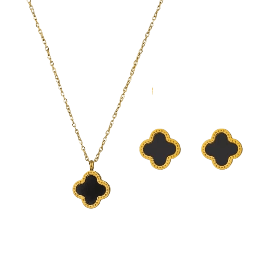 Clover Jewellery Gift Set - Gold necklace and earrings with black clover-shaped pendants on a white background