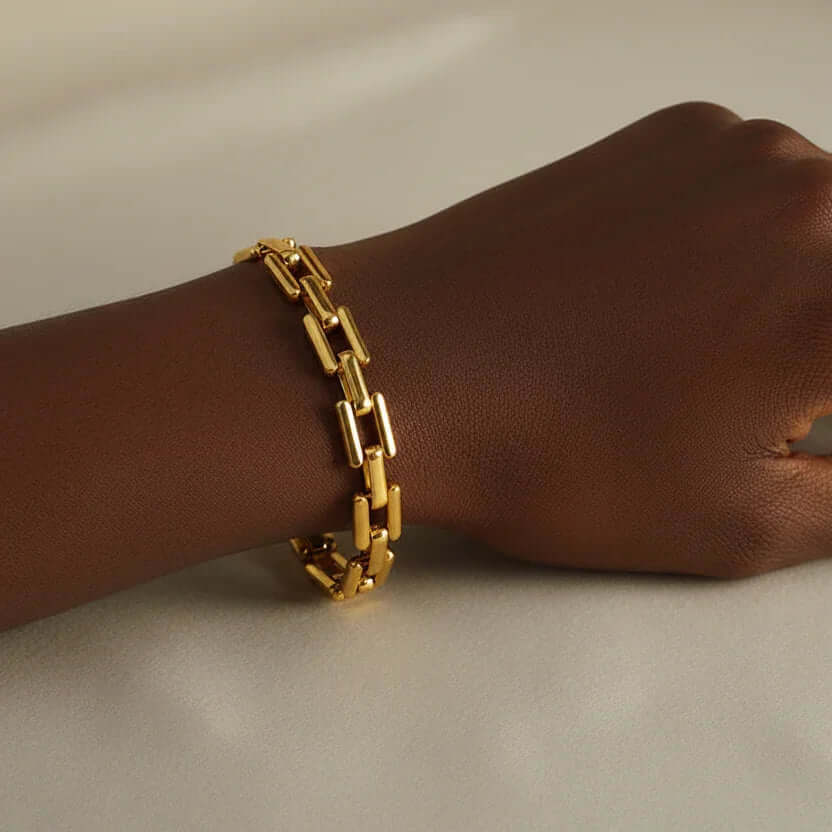 Gold Bold Link Chain Bracelet on wrist, elegant jewellry by Ceyrah