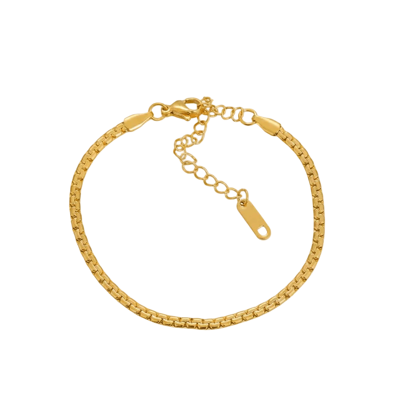 Gold box chain bracelet with adjustable clasp on white background from Ceyrah