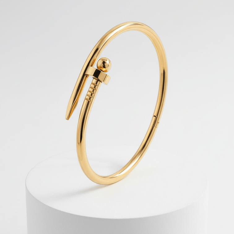 Bread Nail Bangle Bracelet on white pedestal 