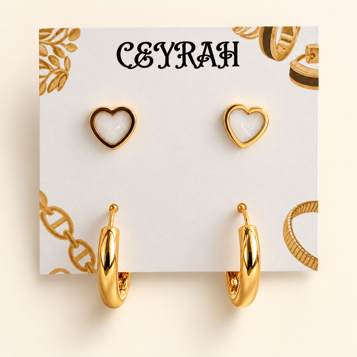 Gold White Inlay Heart Studs & Huggie Hoop Earring Set