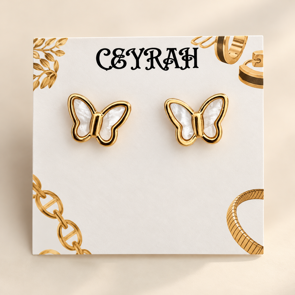 Gold White Inlay Butterfly Stud Earrings