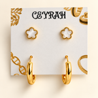 Gold White Inlay Flower Stud & Huggie Hoop Earring Set