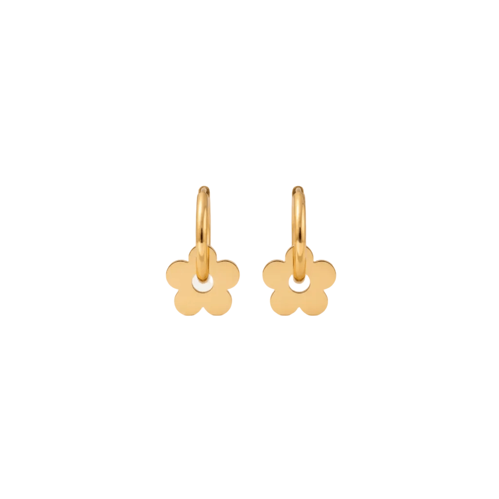 Ceyrah gold flower hoop earrings on a light background