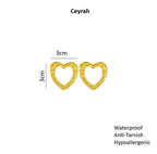 Ceyrah textured gold heart-shaped earrings pair on white background with measurements
