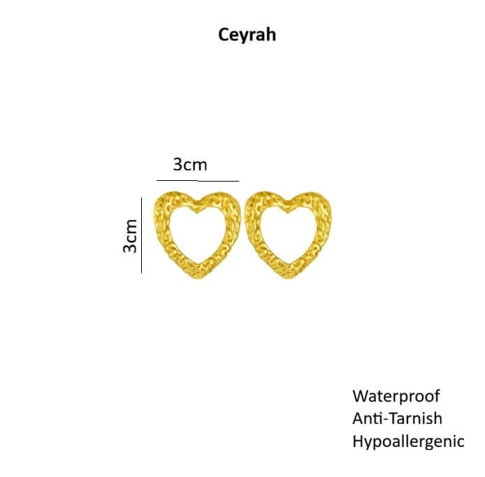 Ceyrah textured gold heart-shaped earrings pair on white background with measurements