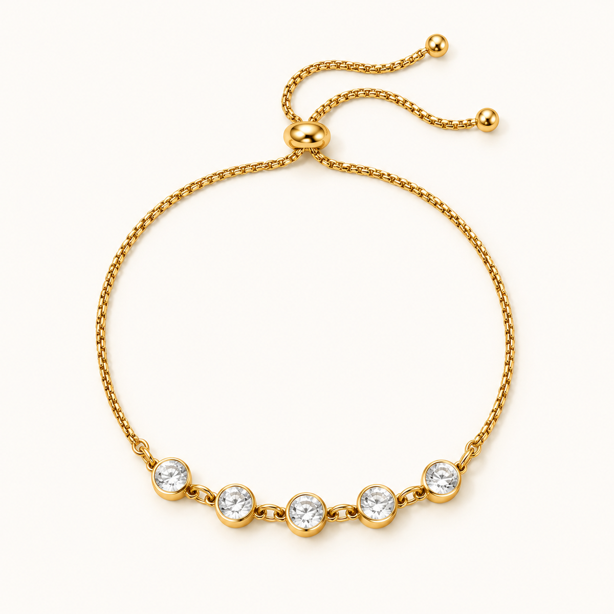 A gold adjustable Five-Stone Crystal Bolo Bracelet displayed on a clean off-white background.