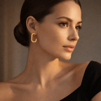 Woman wearing Gold C-Shaped Stud Earrings with a neutral background