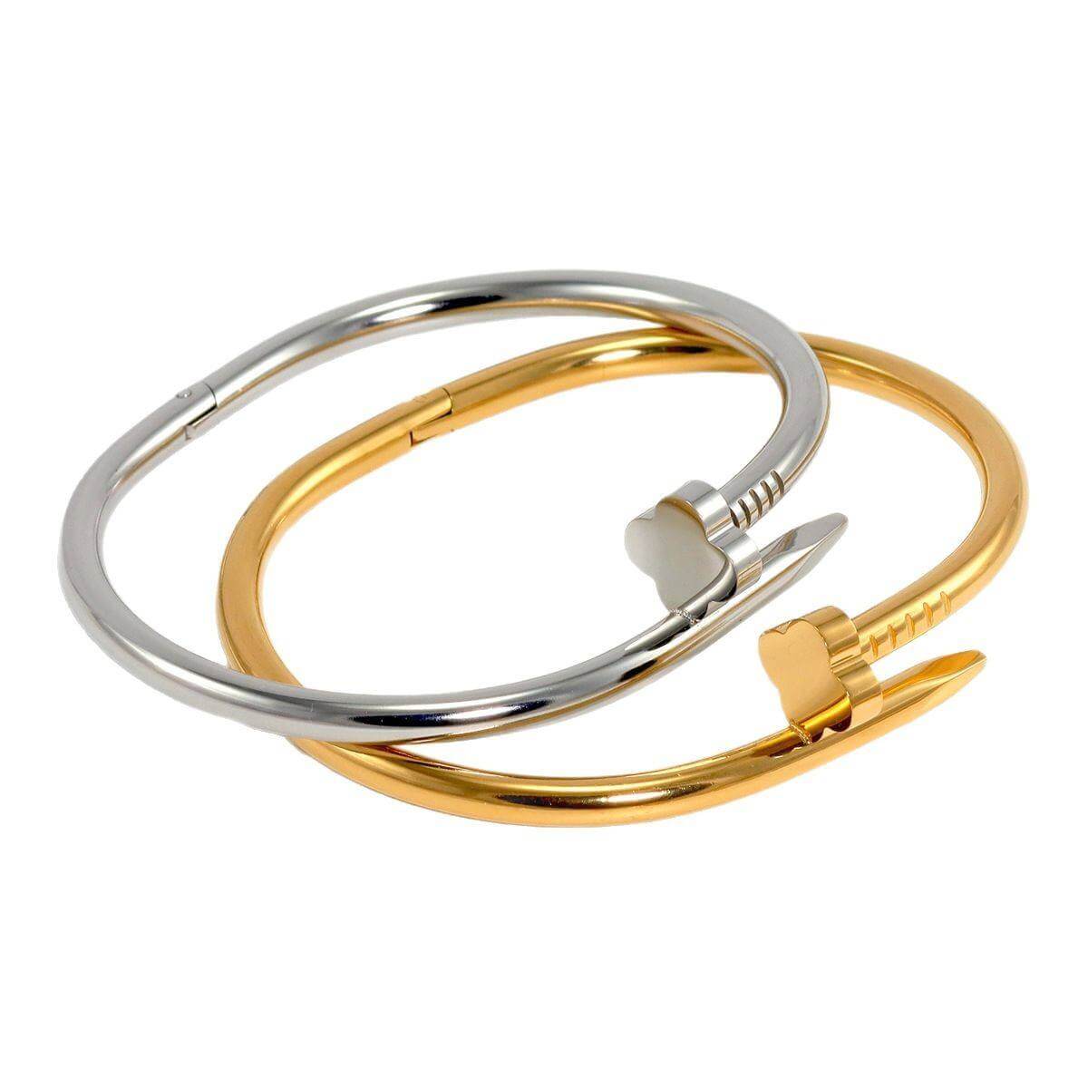 Clover Nail Bangle Bracelet Two gold and silver bangles on a white background