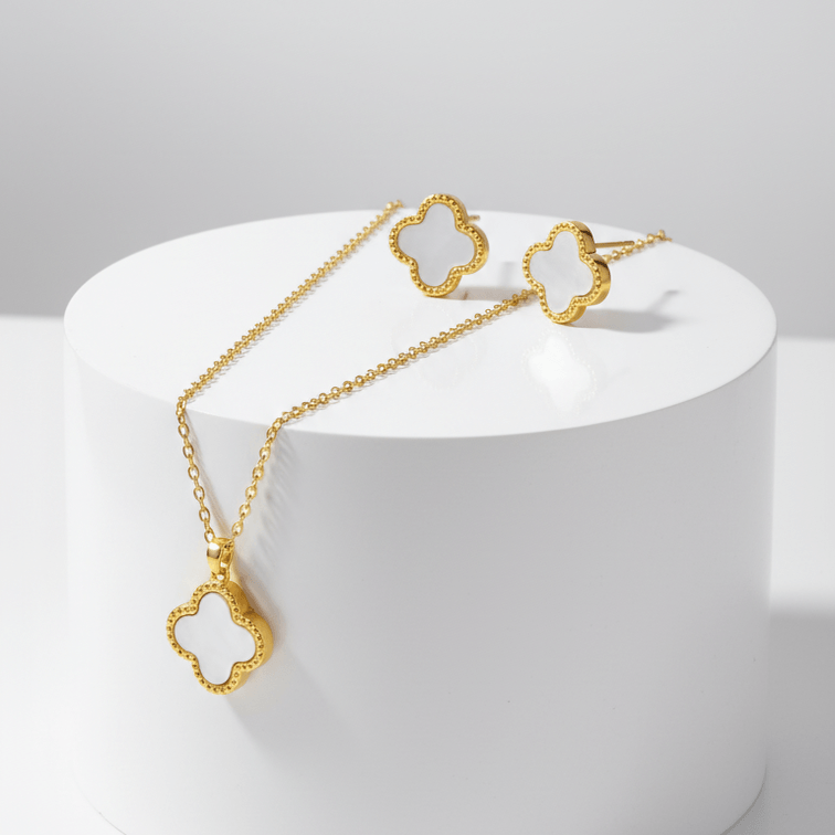 Clover Necklace and Earrings Set  on pedestal