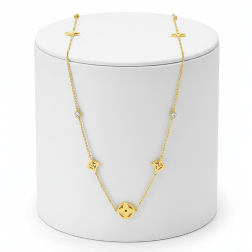 Clover Square Gold Necklace on pedestal