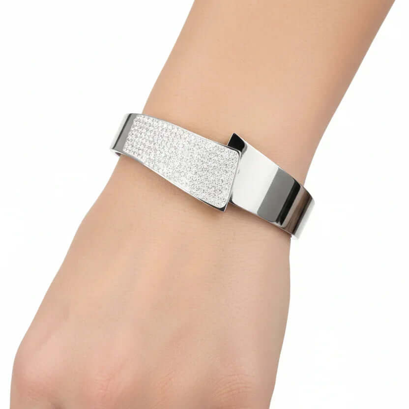 Ceyrah silver Czech Diamond Open Cuff Bracelet on wrist, modern jewellery design