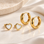 Gold White Inlay Heart Studs & Huggie Hoop Earring Set