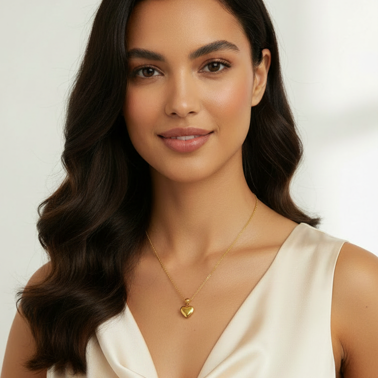 A delicate gold heart pendant necklace and a cream-colored satin top. The background is a clean, bright, off-white studio setting.