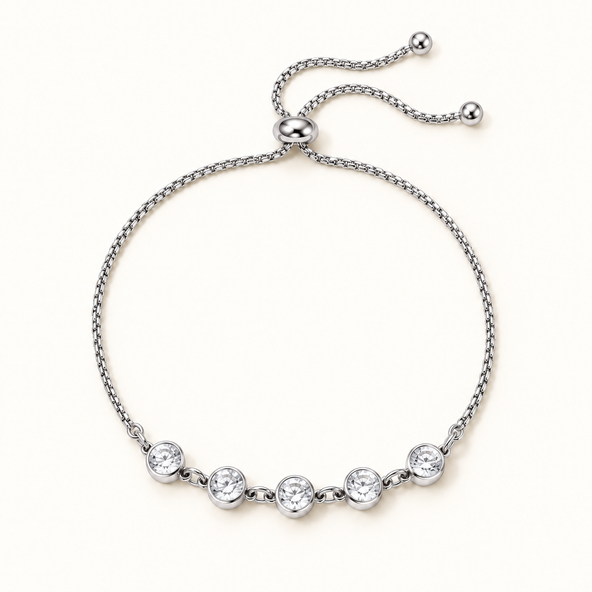 A silver Five-Stone Crystal Bolo Bracelet, displayed on a clean off-white background.