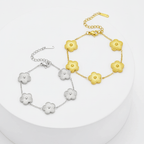 Five Leaf Clover Bracelet featuring silver and gold flower designs on adjustable chains.