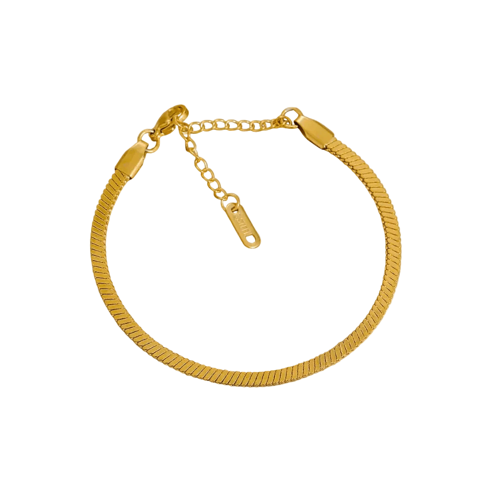 Ceyrah gold Flat Snake Chain Bracelet with adjustable clasp on white background