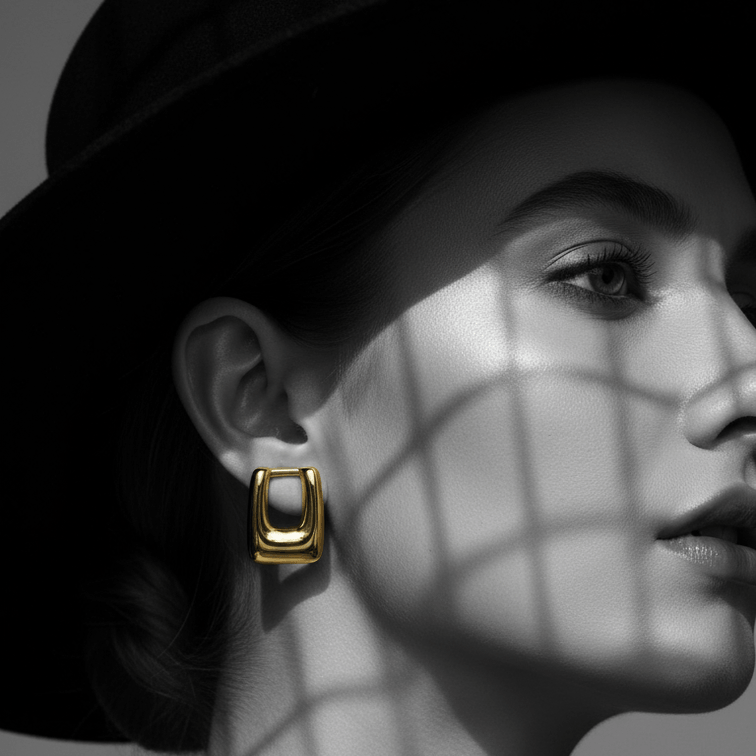 Geometric Rectangle Stud Earrings on  model right ear