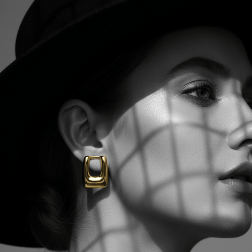 Geometric Rectangle Stud Earrings on  model right ear