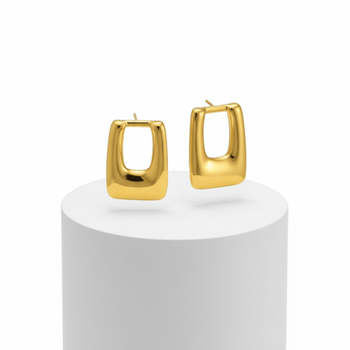 Geometric Rectangle Stud Earrings on a white cylindrical stand against a white background