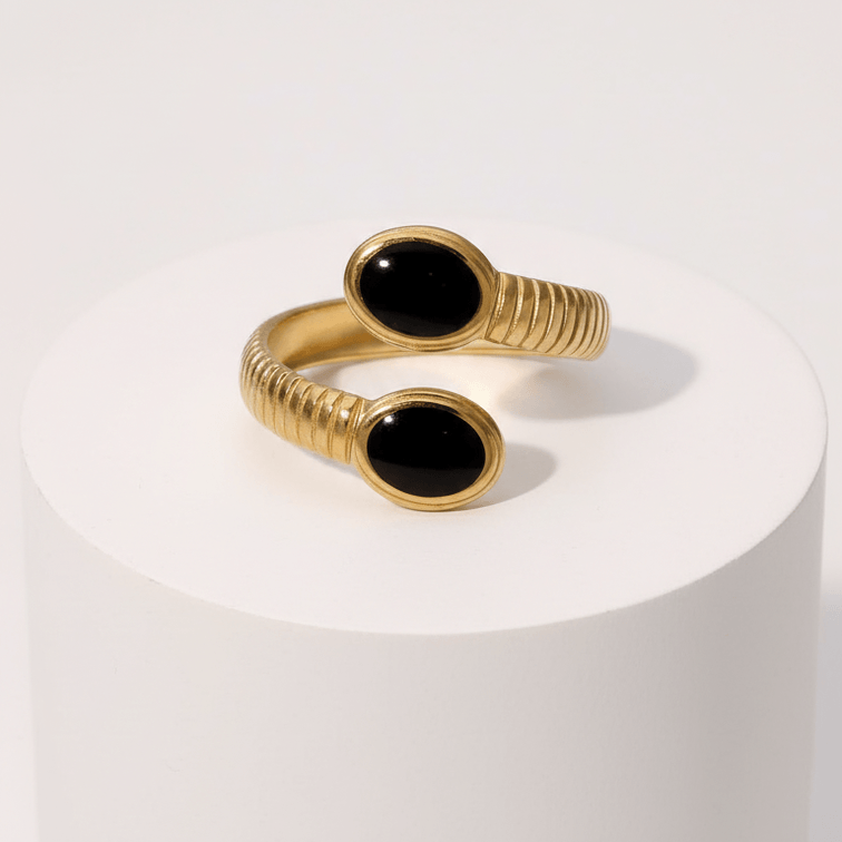 Gold Double Stone Adjustable Ring in black on white pedestal