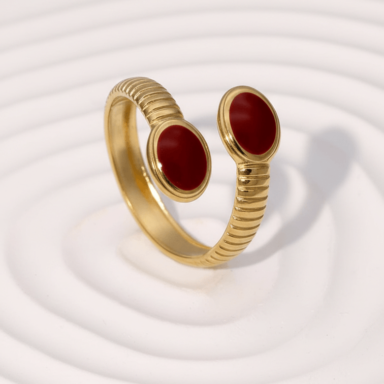 Gold Double Stone Adjustable Ring in red on display