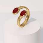 Gold Double Stone Adjustable Ring in red on white pedestal 