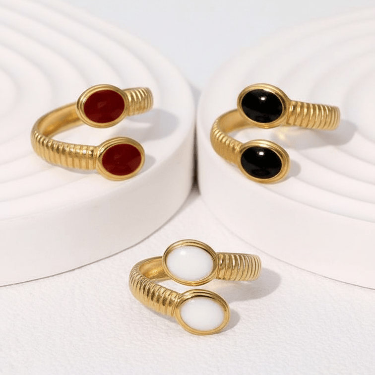 Gold Double Stone Adjustable Ring all three on display