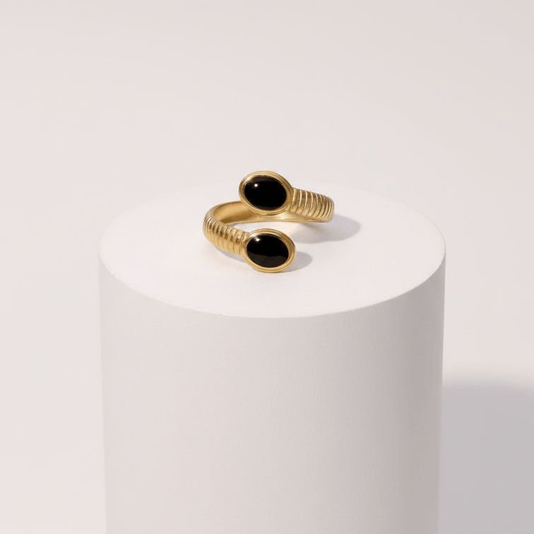 Gold Double Stone Adjustable Ring in black on white pedestal main