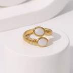 Gold Double Stone Adjustable Ring in white on pedestal