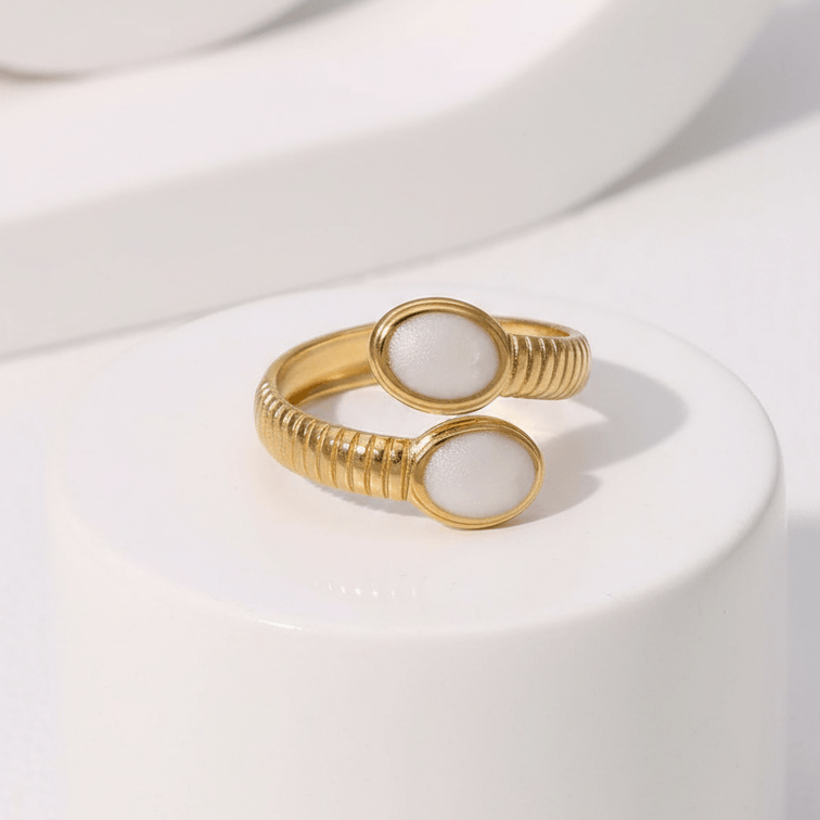 Gold Double Stone Adjustable Ring in white on pedestal