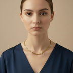 A close-up of a model wearing a polished yellow gold Cuban link chain necklace, styled with a cream-colored V-neck top against a soft beige background.
