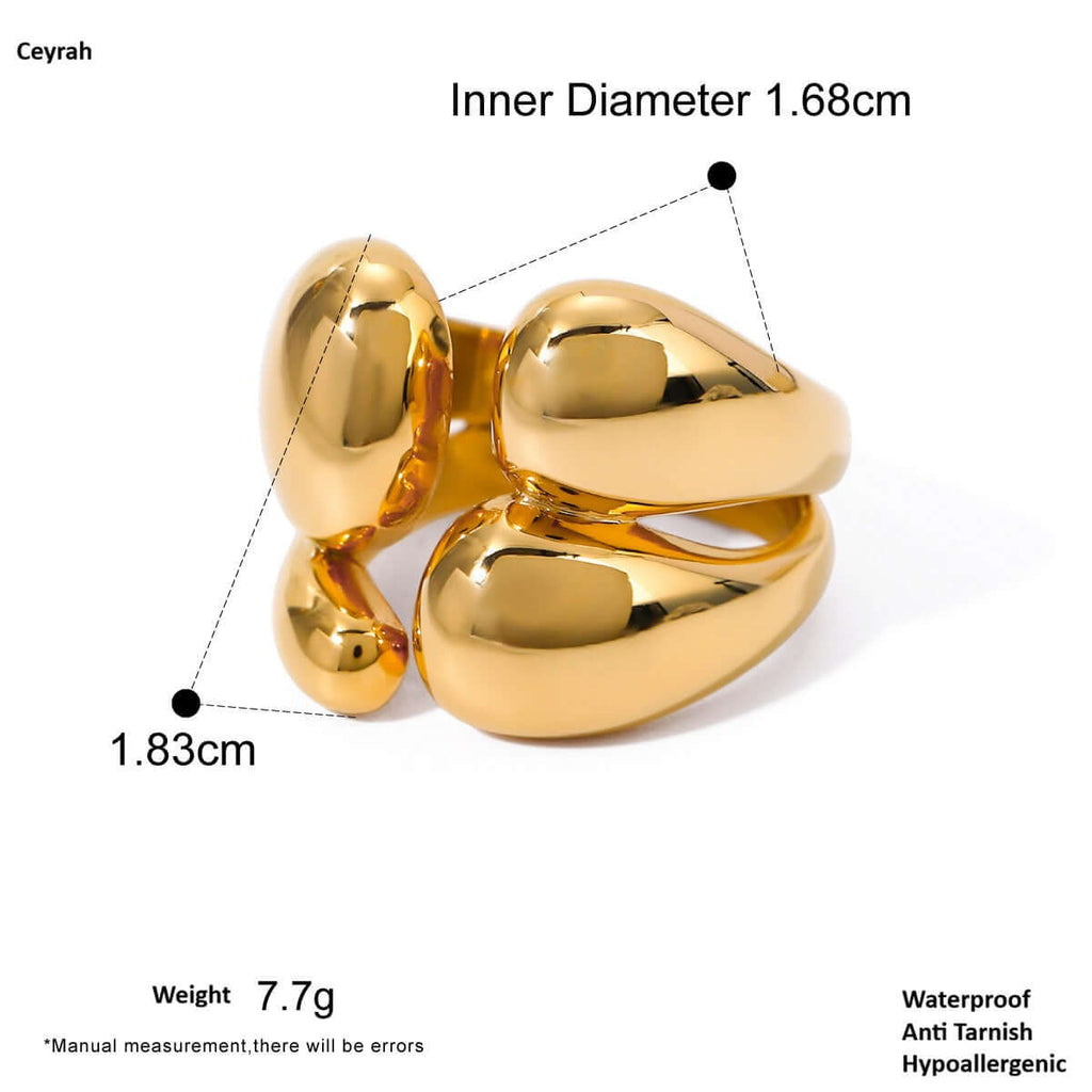 Gold ring with measurements and properties on a white background