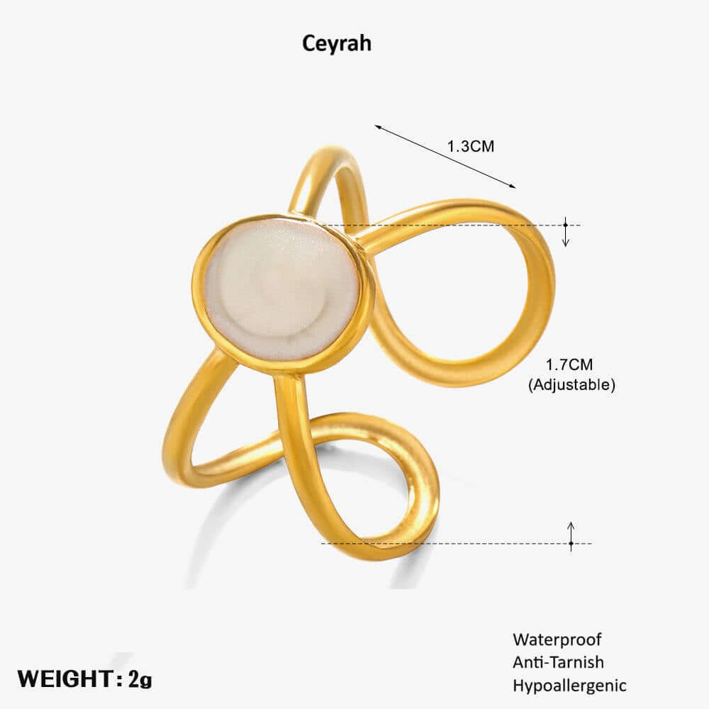 Gold Adjustable Pearl Ring with a central stone, showing measurements and product details on a white background.
