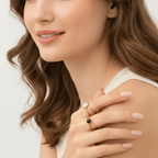 Woman wearing Gold Adjustable Pearl Ring on a plain background