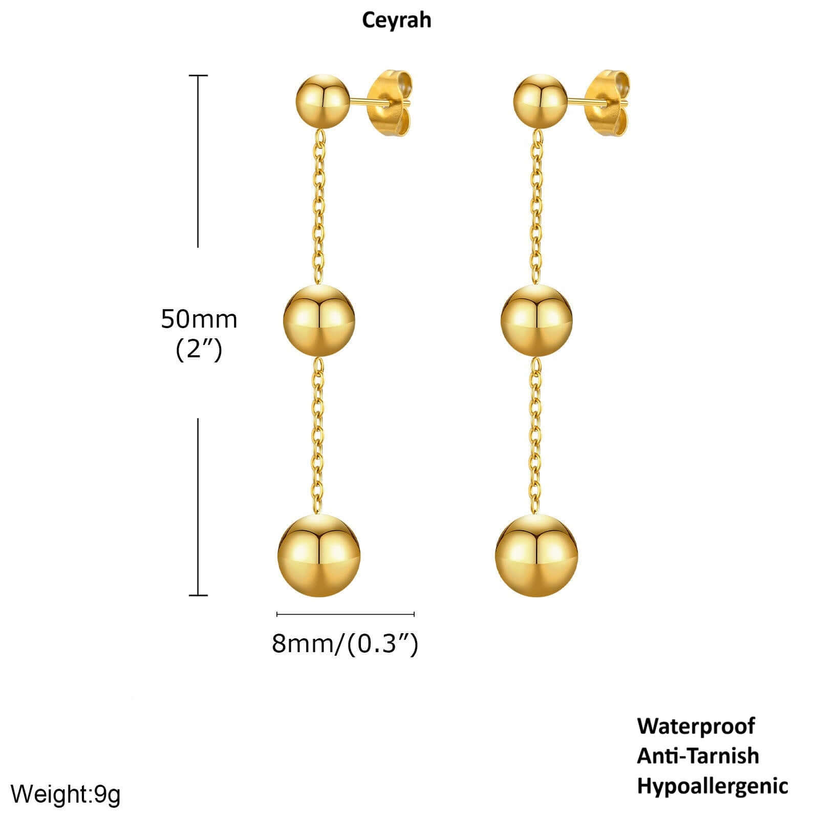 Gold Ball Tassel Earrings with chain and spherical beads, shown with measurements and product details.