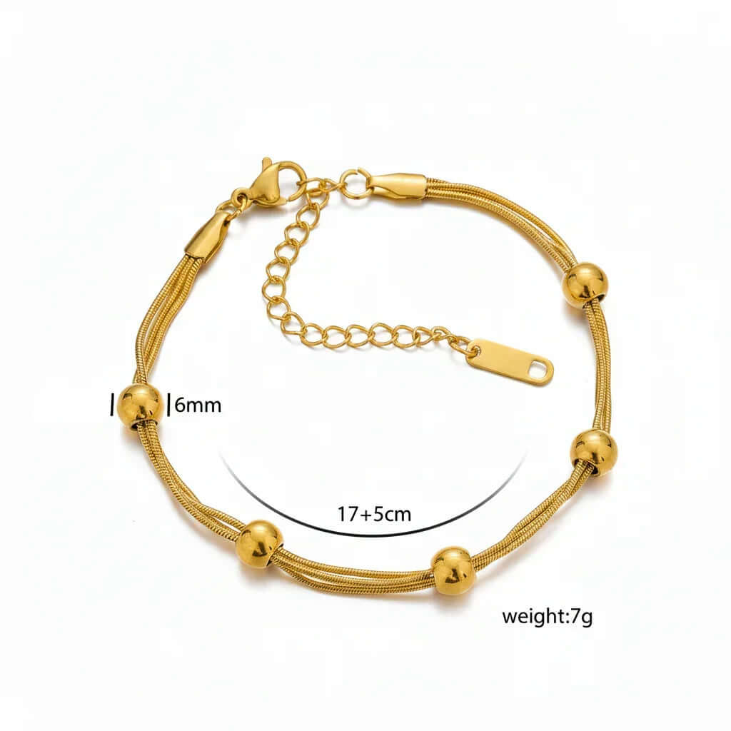 Ceyrah Gold Beaded Multi Chain Bracelet with 6mm beads, 17+5cm adjustable chain, and lobster clasp, weight 7g