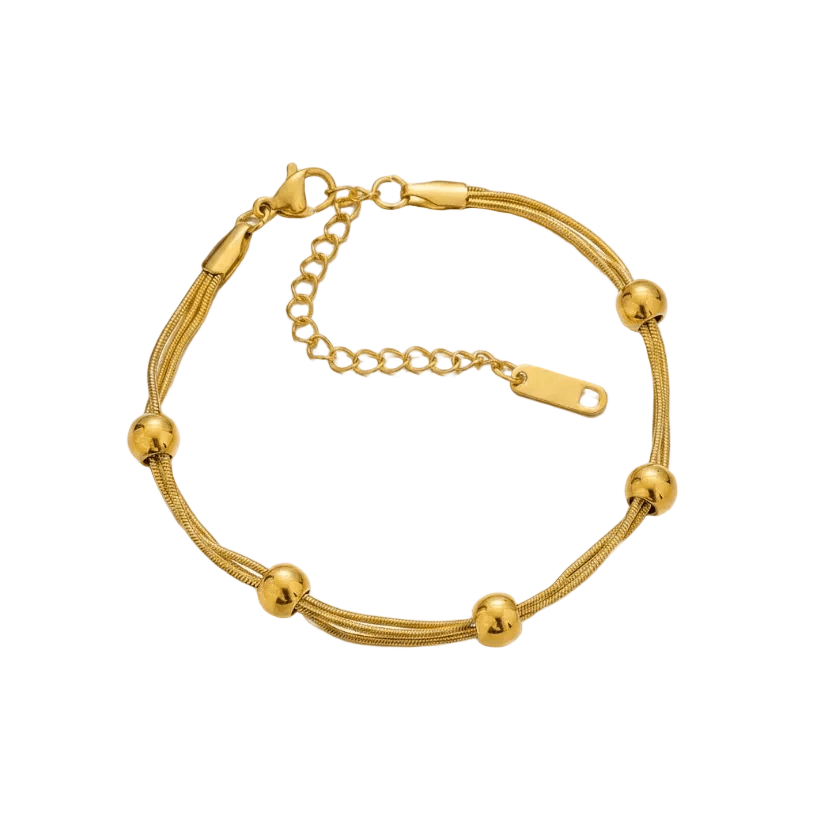Ceyrah Gold Beaded Multi Chain Bracelet with adjustable chain on white background
