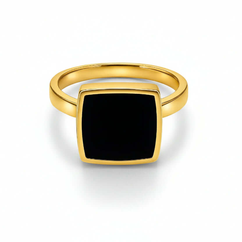 Ceyrah Gold Black Square Ring, elegant modern jewelry on white background