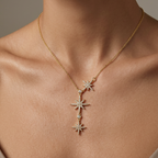 Gold Celestial Star Drop Necklace featuring three dangling starburst pendants embellished with clear crystals, shown worn on a model's neck.