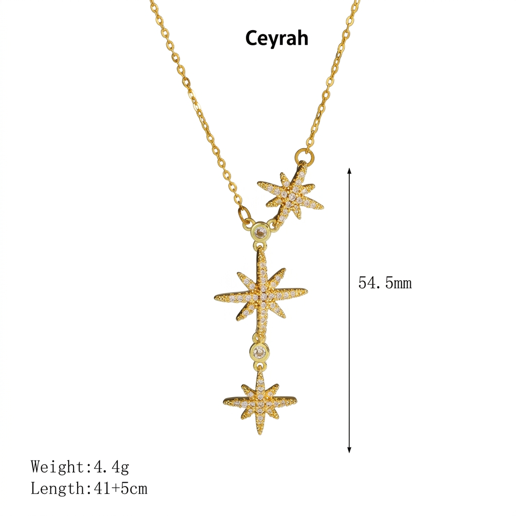 Gold Celestial Star Drop Necklace with three dangling starburst pendants, shown on a neutral gray background with overlaid text listing the name 'Ceyrah' and dimensions/weight.
