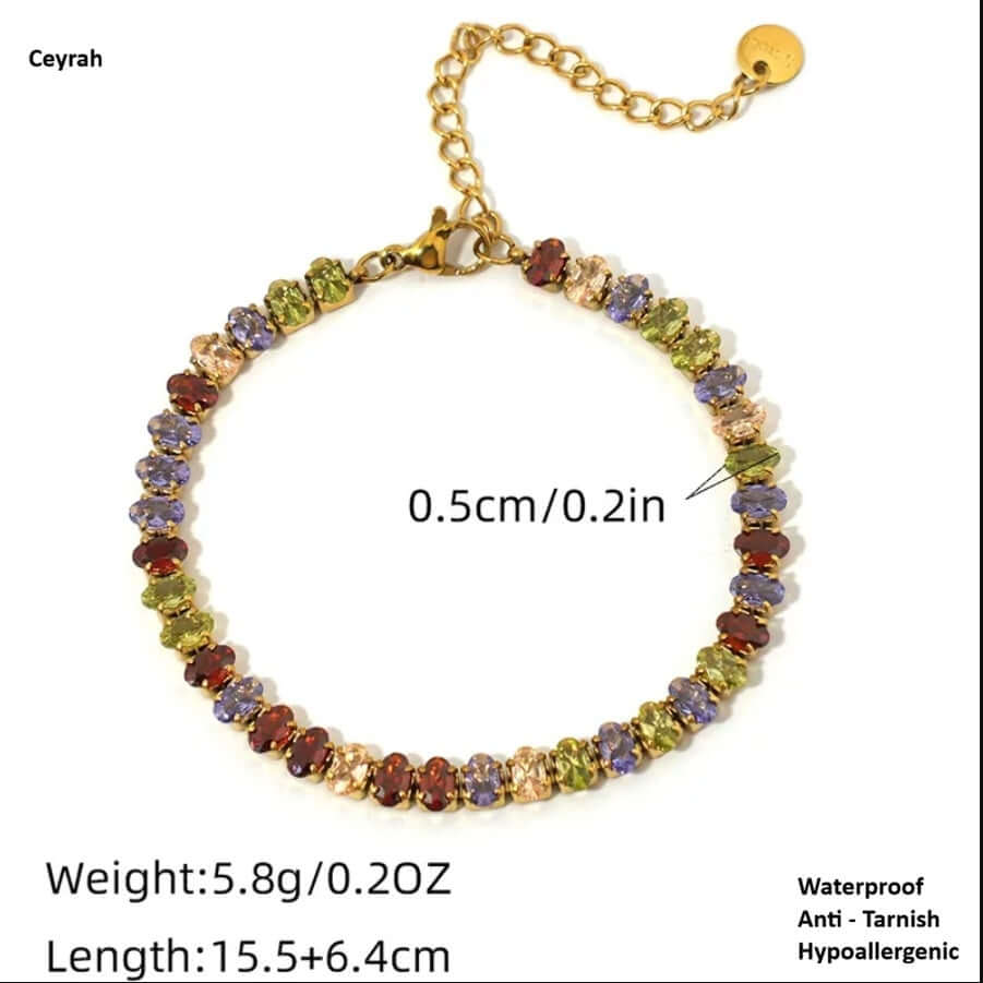 Gold Colour Gemstone Bracelet featuring a gold chain and colorful jewel-tone beads, perfect for summer style.