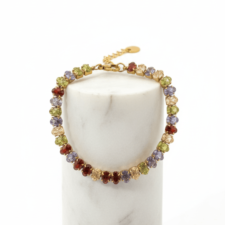 Gold Colour Gemstone Bracelet featuring colorful jewel-tone beads on a polished gold chain.