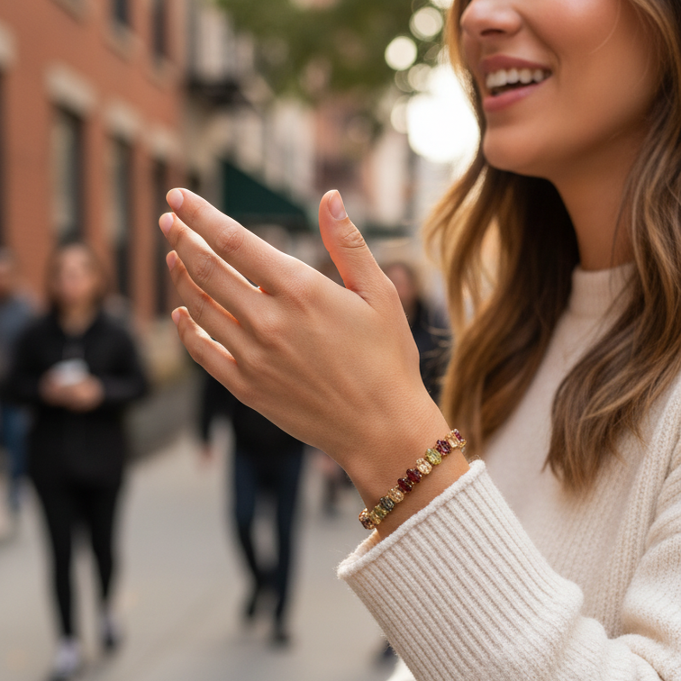 A woman in a cream ribbed sweater wearing a beaded bracelet with red and gold beads, standing on a blurred city street.