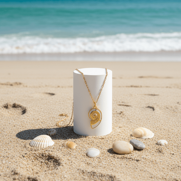 Gold Conch Shell Pendant Necklace displayed on a beach stand surrounded by seashells, reflecting coastal elegance.