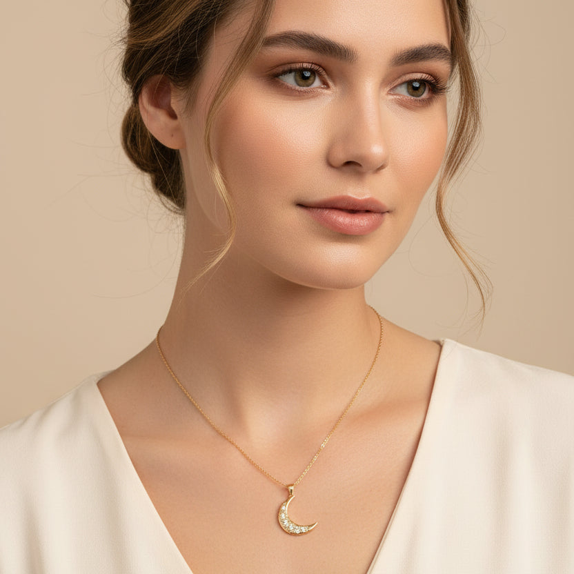 women wearing Gold Crescent Moon Necklace 